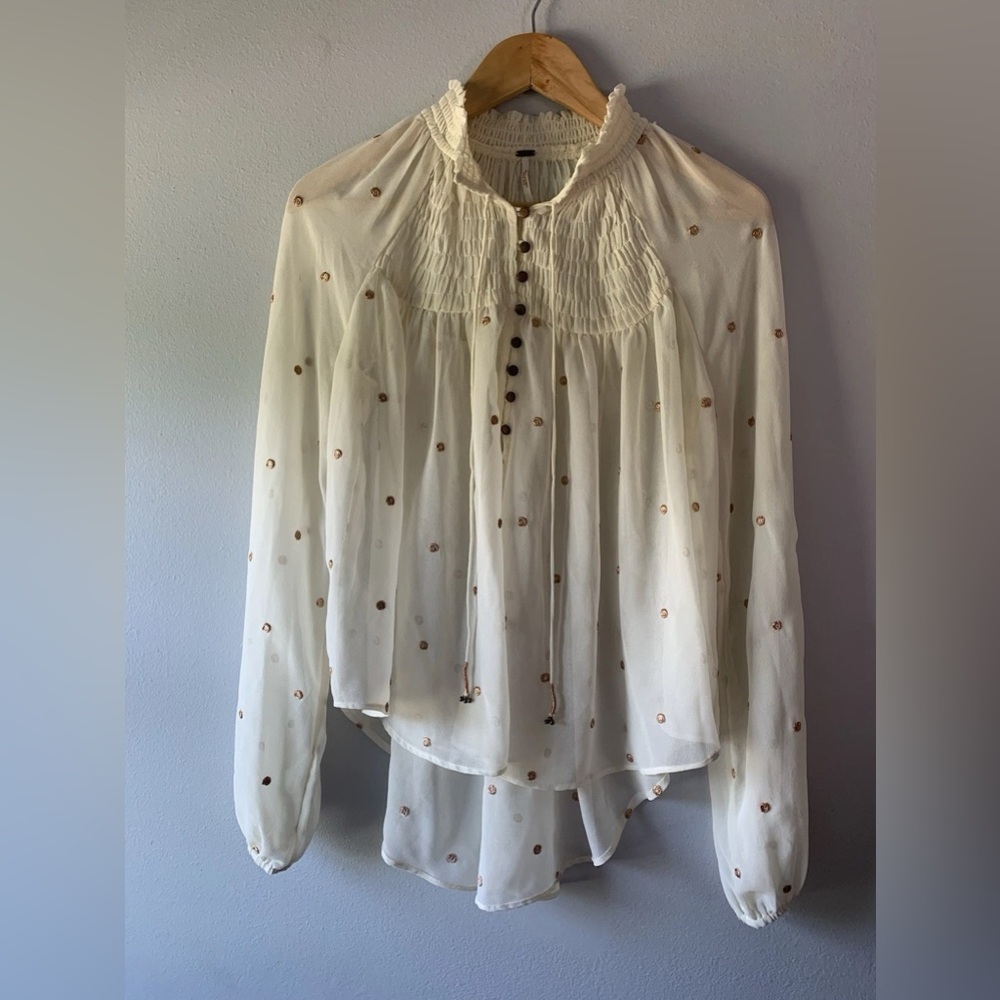 Free People Free People Cream Blouse with Gold Metallic Polka Dots